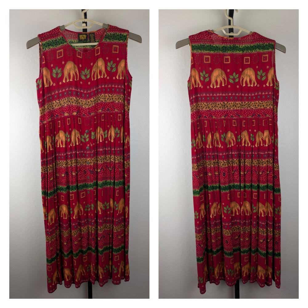 Vintage Bila Elephant Print Sleeveless Dress 100% rayon red green tan